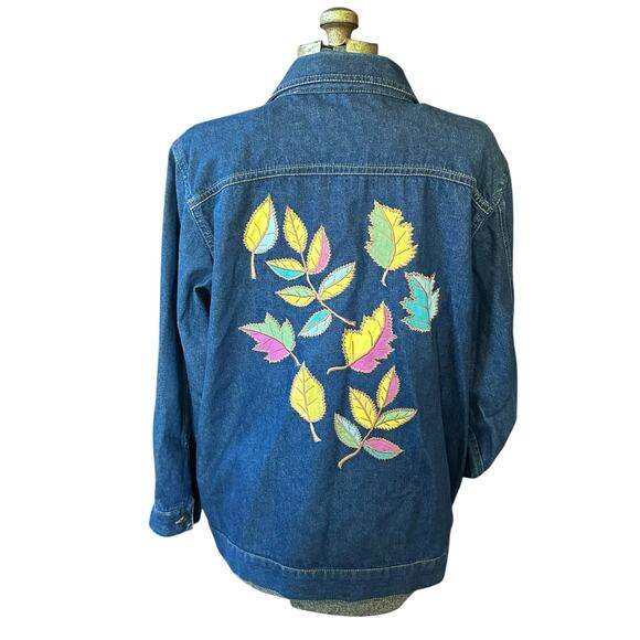 90s Y2K Denim Jacket Silver Threads Embroidered Leaf Jean Coat Women’s L Fall - Picture 1 of 15